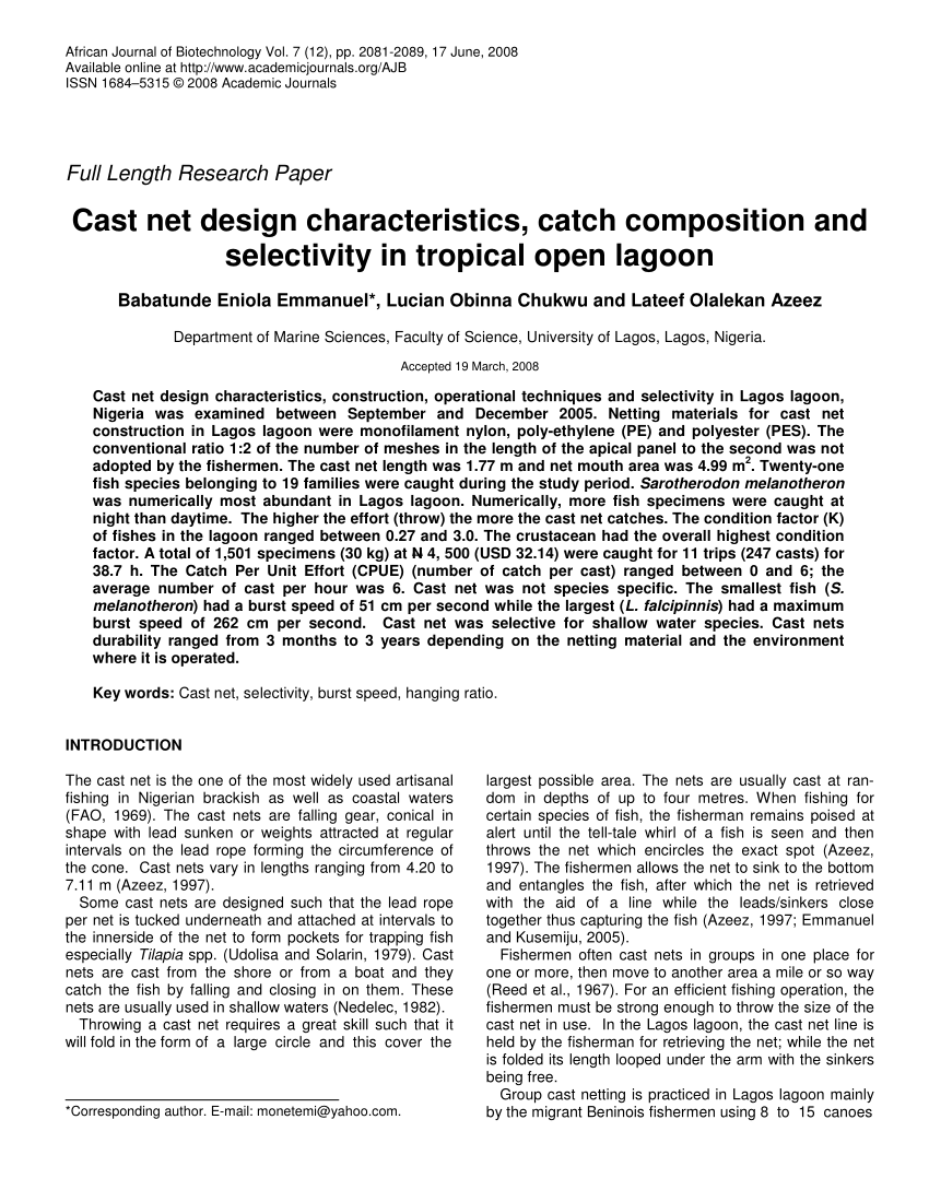 PDF) Cast net design characteristics, catch composition and selectivity in  tropical open lagoon