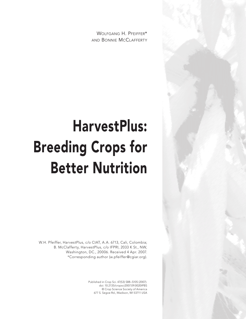 PDF) HarvestPlus: Breeding Crops for Better Nutrition