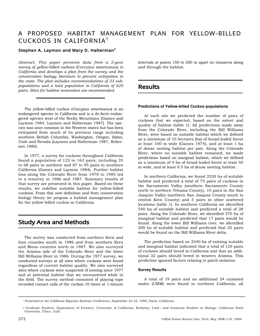 (PDF) A proposed habitat management plan for yellow-billed cuckoos in