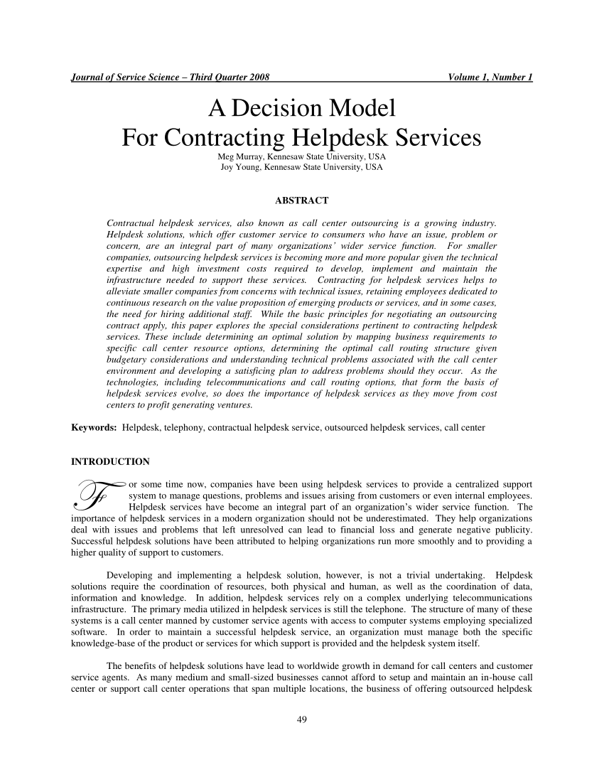 Pdf A Decision Model For Contracting Helpdesk Services