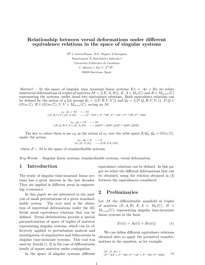 Pdf Relationship Between Versal Deformations Under Dierent Equivalence Relations In The Space Of Singular Systems