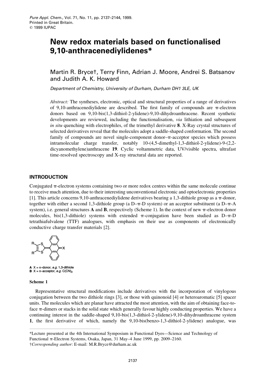 Pdf New Redox Materials Based On Functionalized 9 10 Anthracenediylidenes