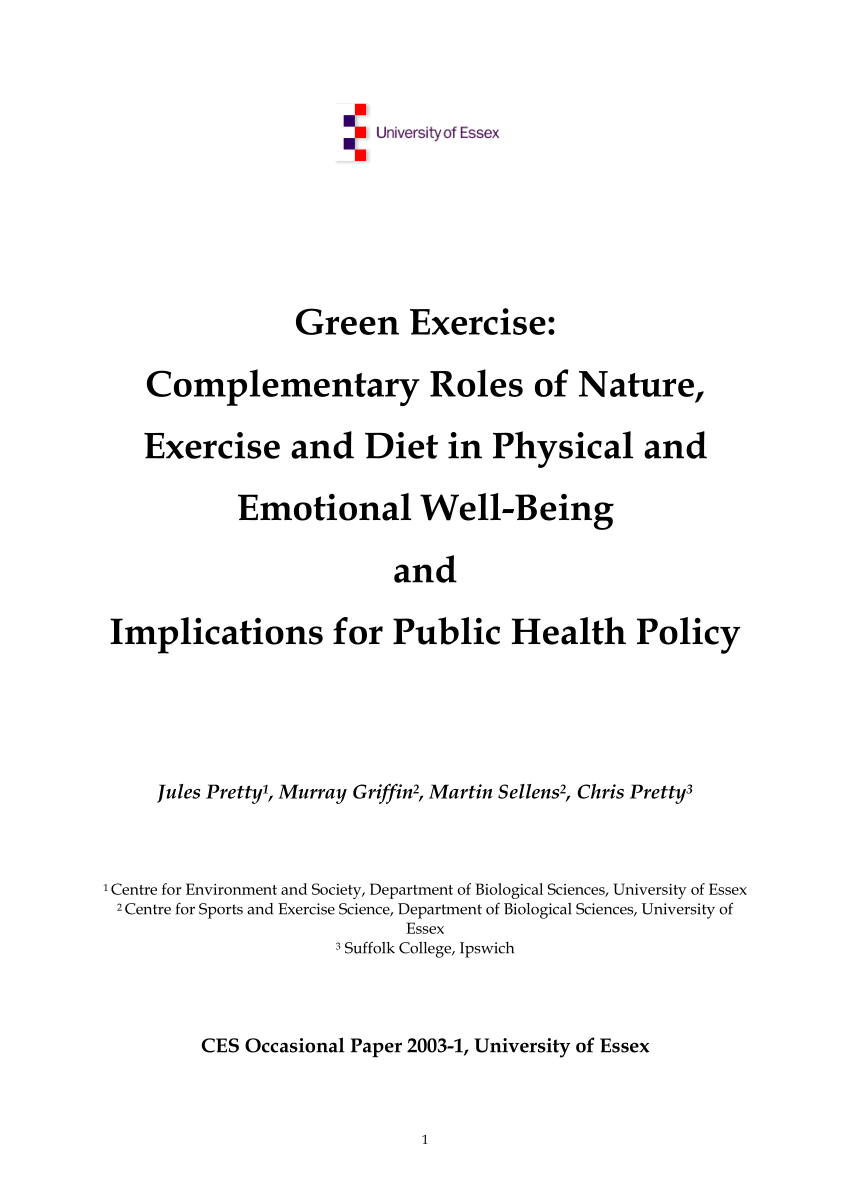 PDF) Green Exercise: Complementary Roles of Exercise and Diet in Physical and Emotional Well-Being Implications for Public Health Policy