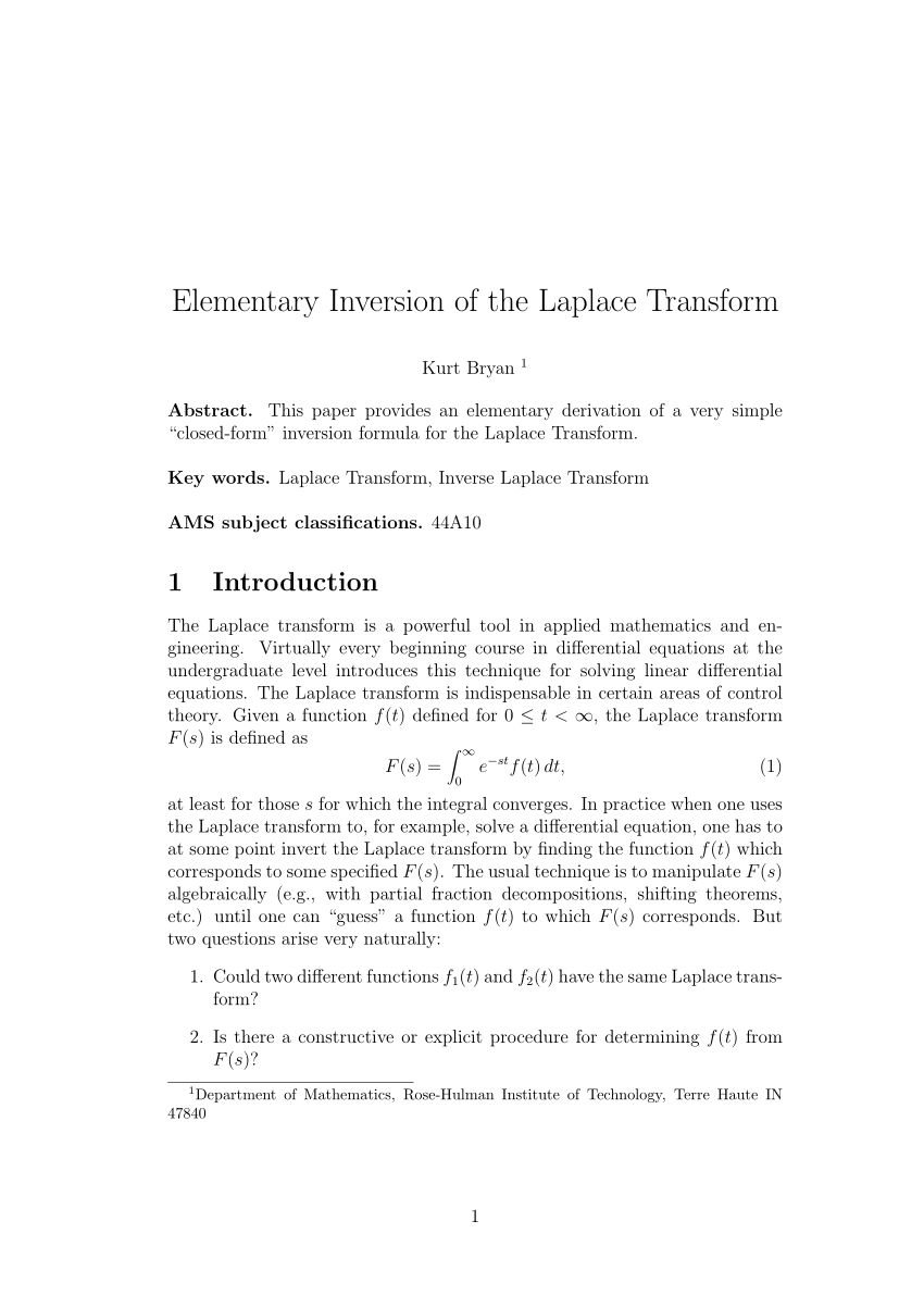 Pdf Elementary Inversion Of The Laplace Transform