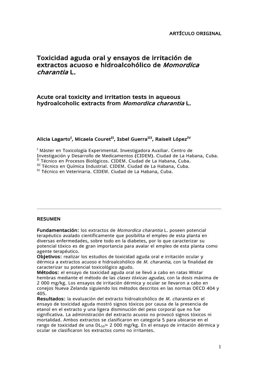 (PDF) Toxicidad aguda oral y ensayos de irritación de extractos acuoso ...
