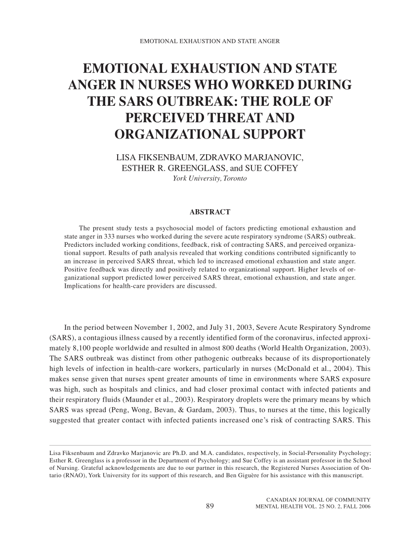 PDF) Emotional Exhaustion and State Anger in Nurses Who Worked ...