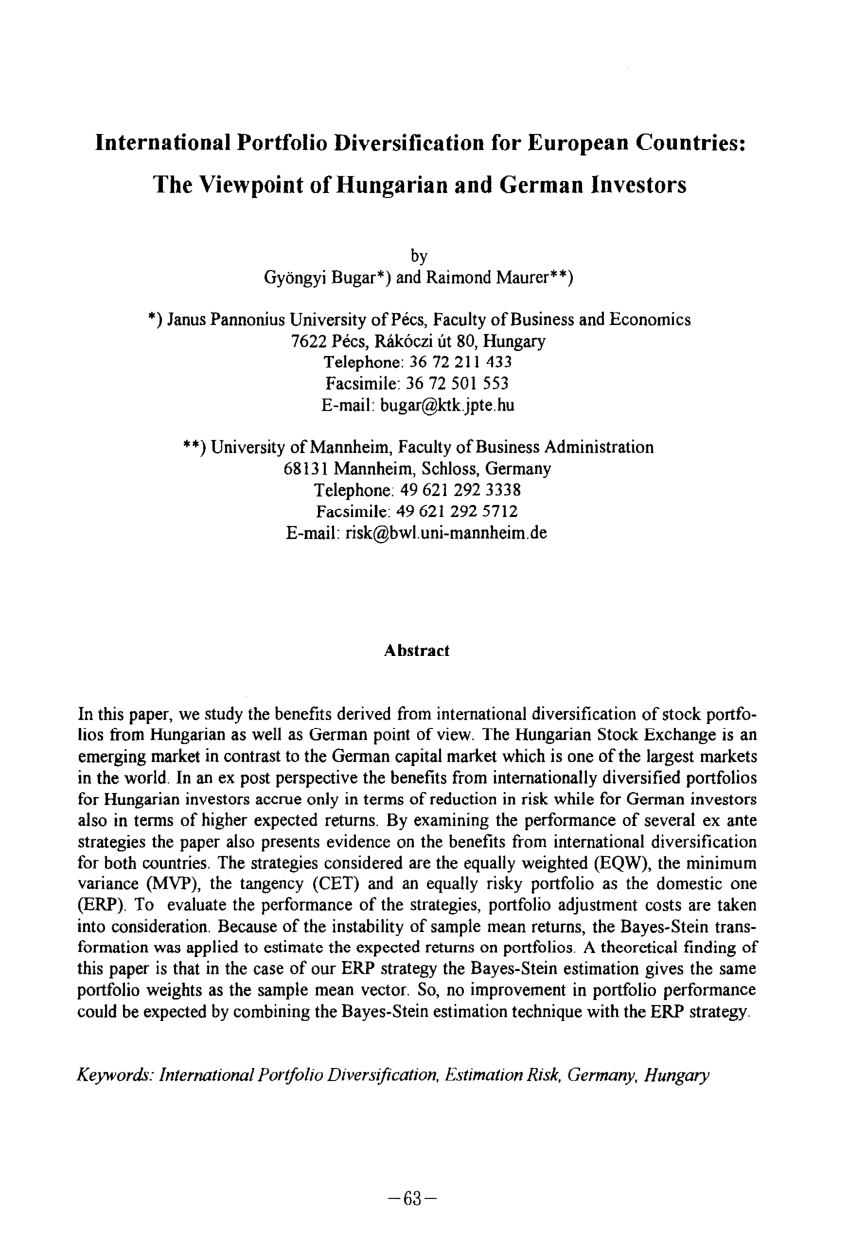 Pdf International Portfolio Diversification For European Countries The Viewpoint Of Hungarian And German Investors