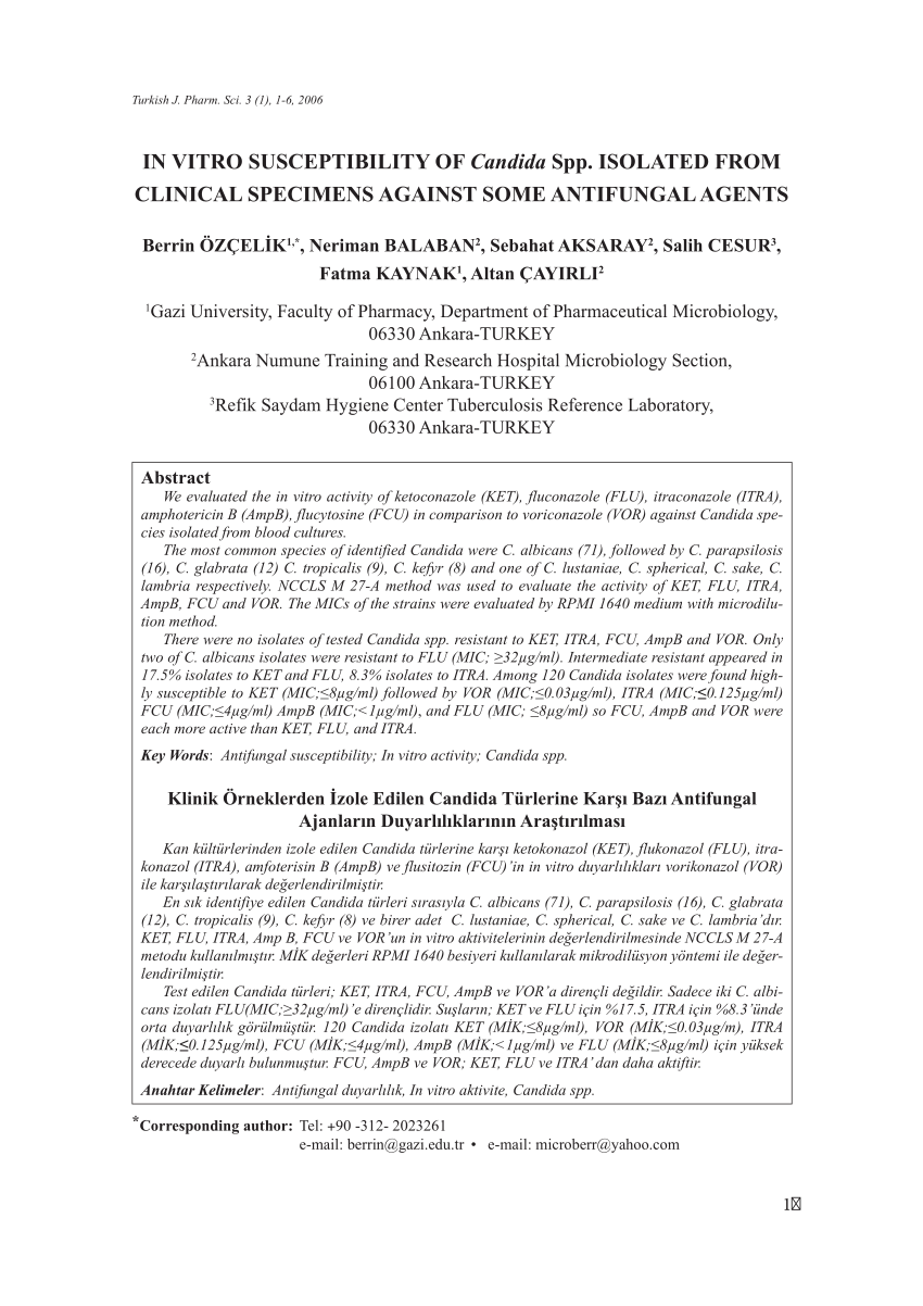 Pdf In Vitro Susceptibility Of Candida Spp Isolated From Clinical Specimens Against Some 