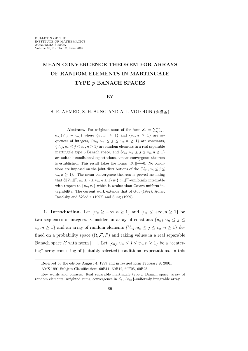 Pdf Mean Convergence Theorem For Arrays Of Random Elements In Martingale Type P Banach Spaces