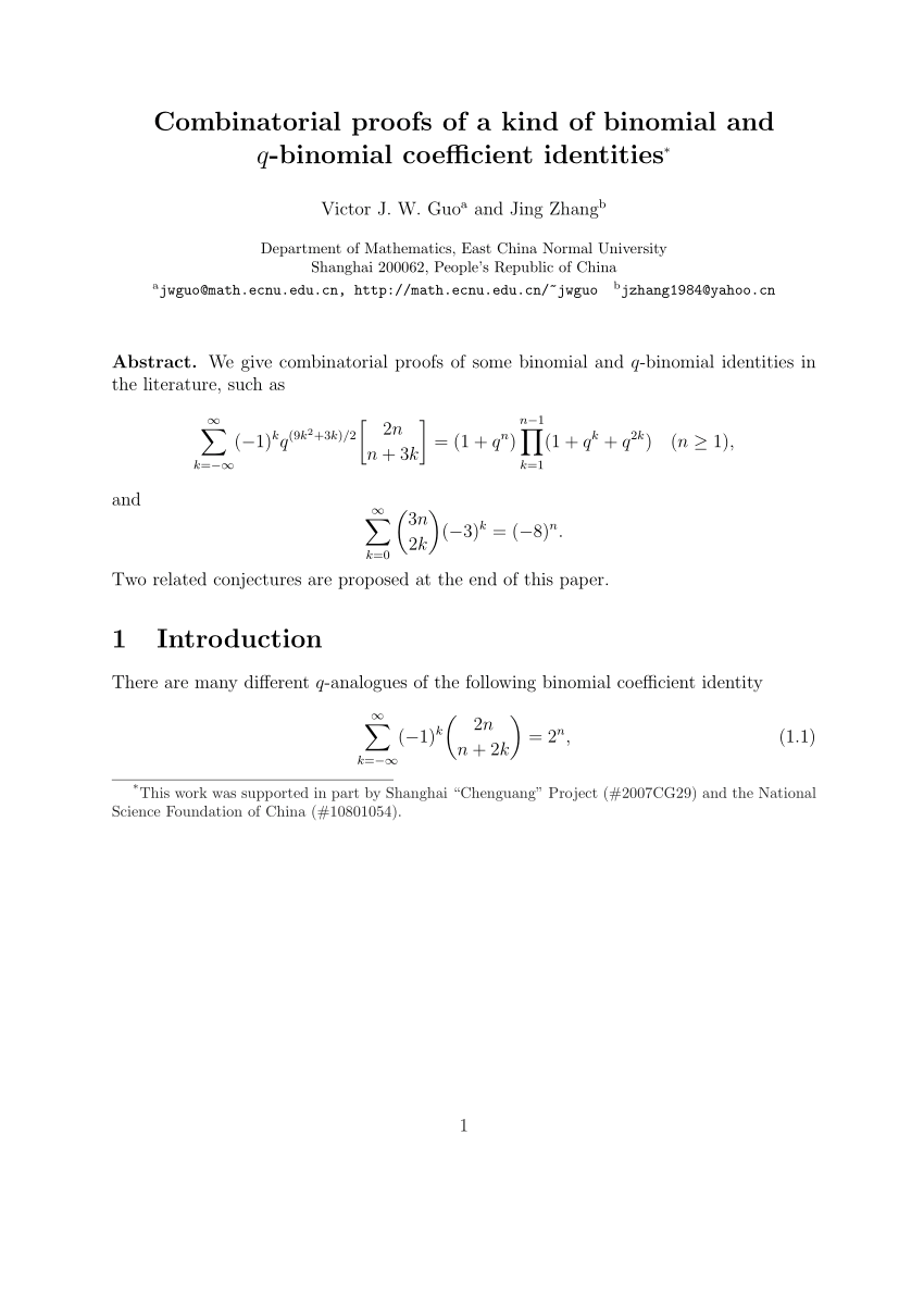 Pdf Combinatorial Proofs Of A Kind Of Binomial And Q Binomial Coe Cient Identities