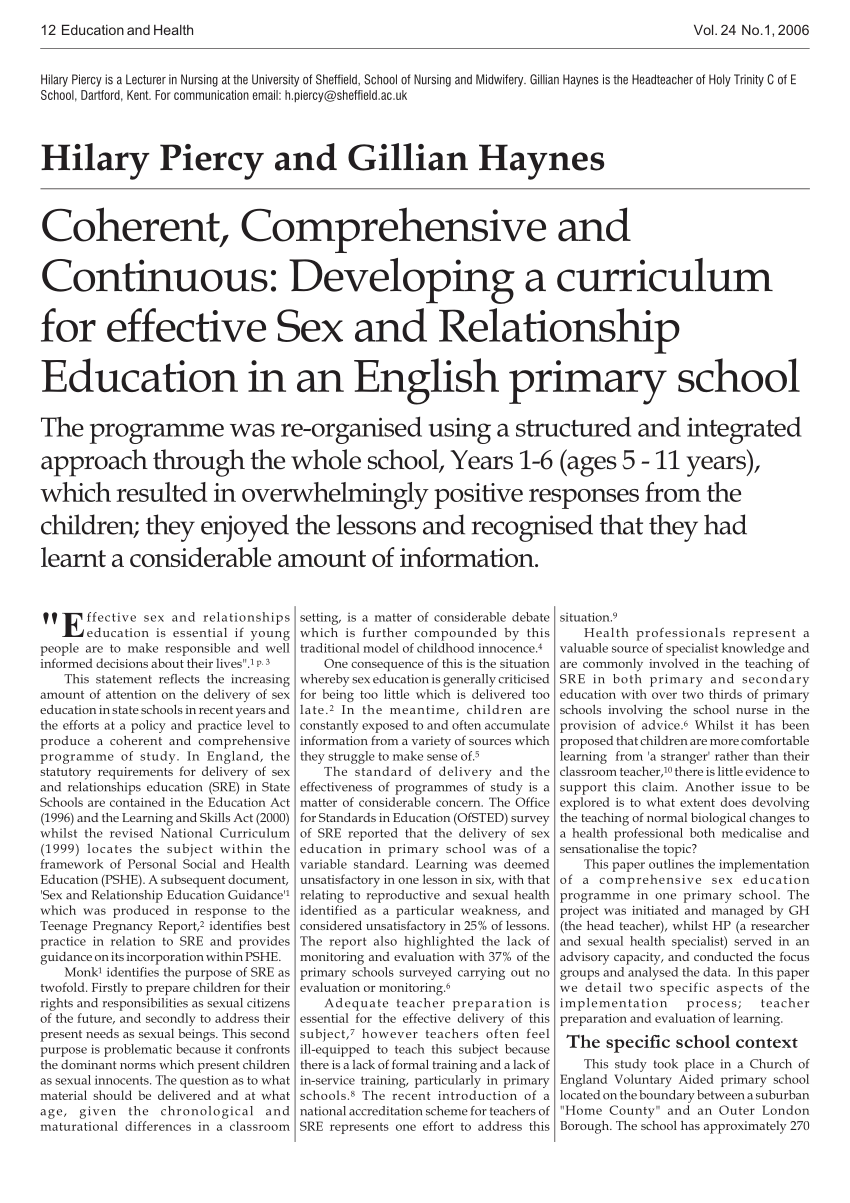 PDF) Coherent, Comprehensive and Continuous: Developing a curriculum for  effective Sex and Relationship Education in an English primary school