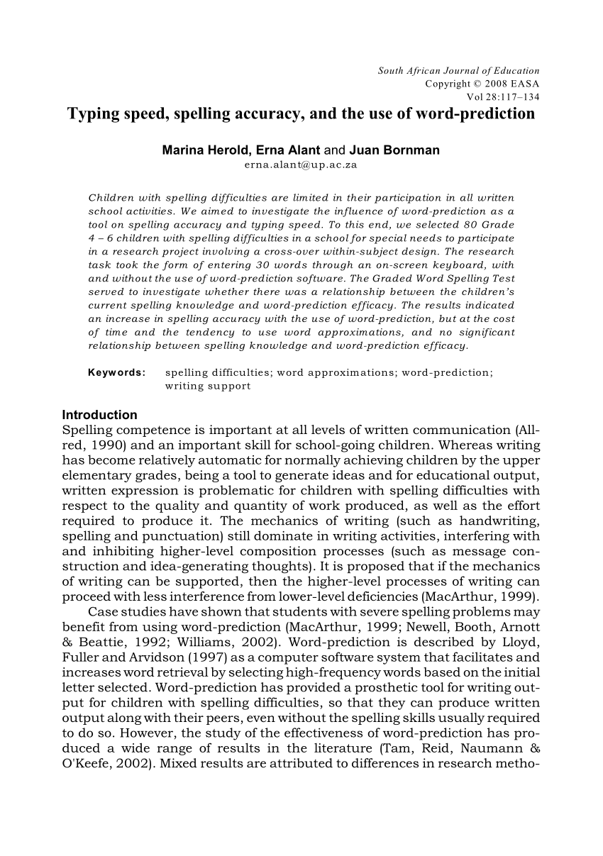 Pdf Typing Speed Spelling Accuracy And The Use Of Word Prediction