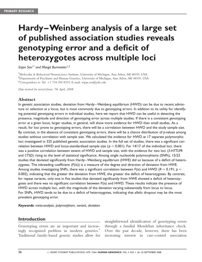 Pdf Hardy Weinberg Analysis Of A Large Set Of Published Association Studies Reveals Genotyping Error And A Deficit Of Heterozygotes Across Multiple Loci