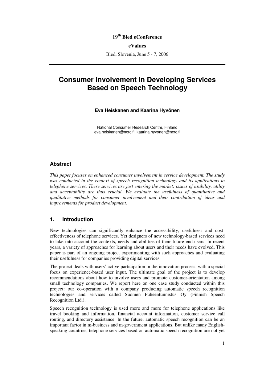 PDF) Consumer Involvement in Developing Services Based on Speech Technology