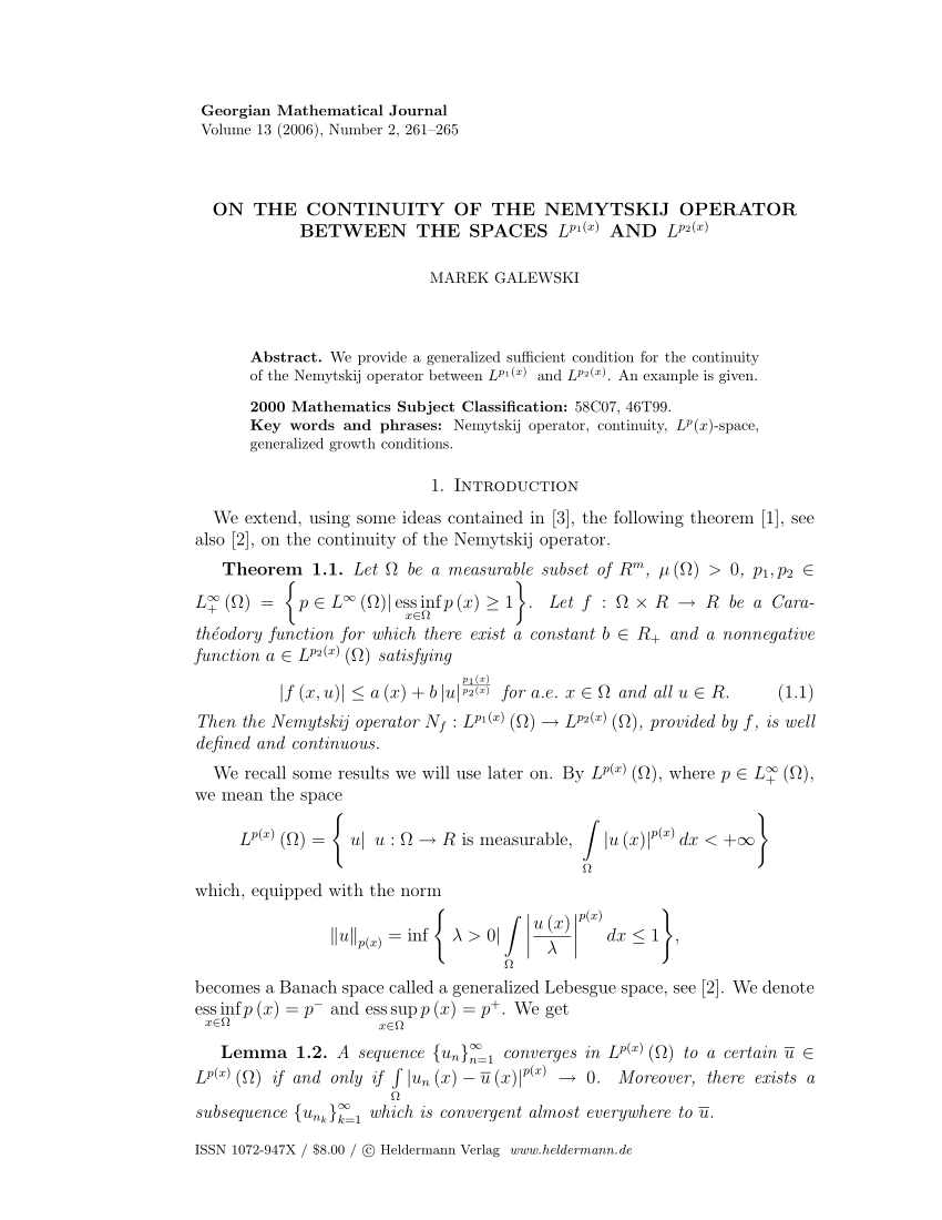 Pdf On The Continuity Of The Nemytskij Operator Between The Spaces Lp1 X And Lp2 X