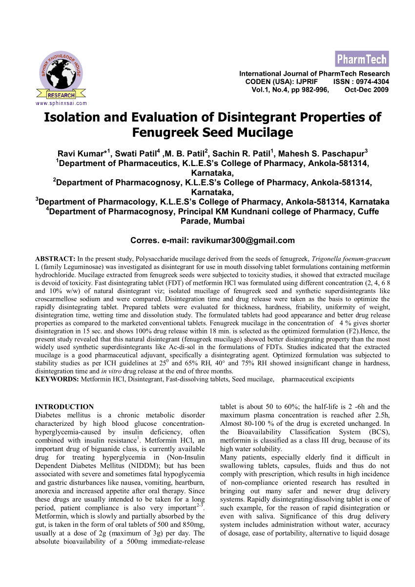 Pdf Isolation And Evaluation Of Disintegrant Properties Of Fenugreek Seed Mucilage