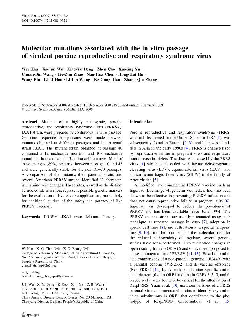 Pdf Molecular Mutations Associated With The In Vitro Passage Of Virulent Porcine Reproductive And Respiratory Syndrome Virus