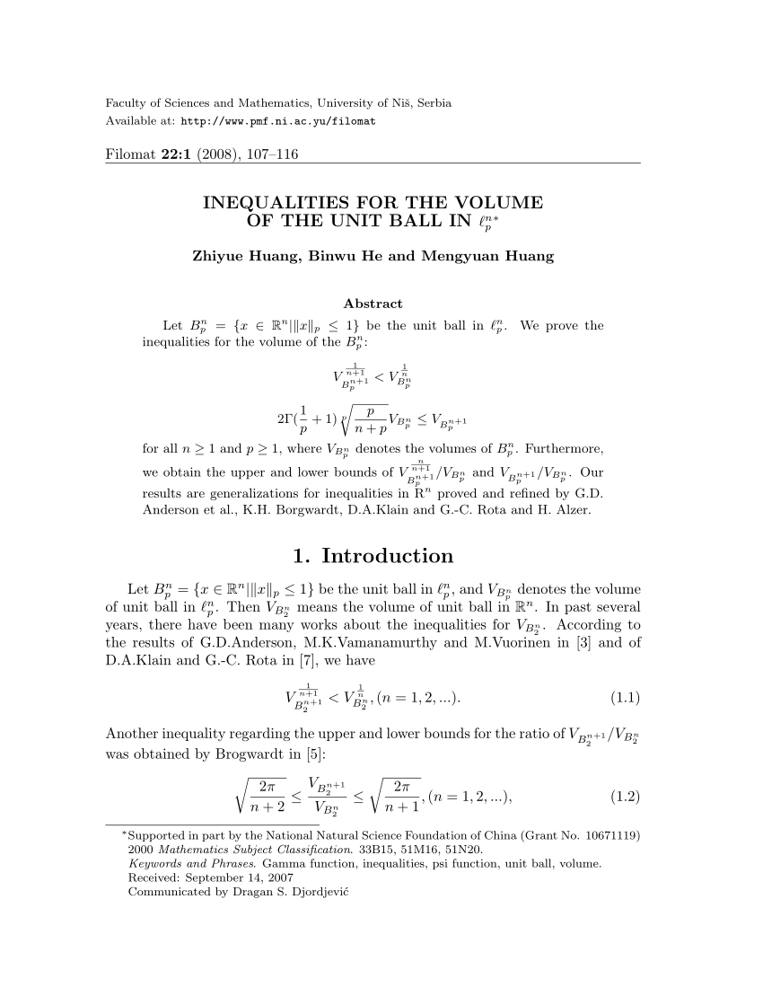 Pdf Inequalities For The Volume Of The Unit Ball In ℓpn