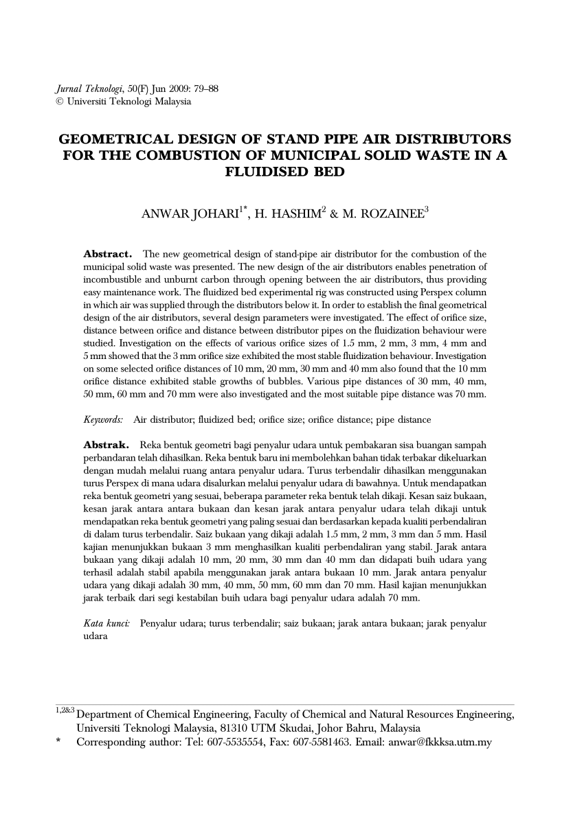 Pdf Geometrical Design Of Stand Pipe Air Distributors For The Combustion Of Municipal Solid Waste In A Fluidised Bed