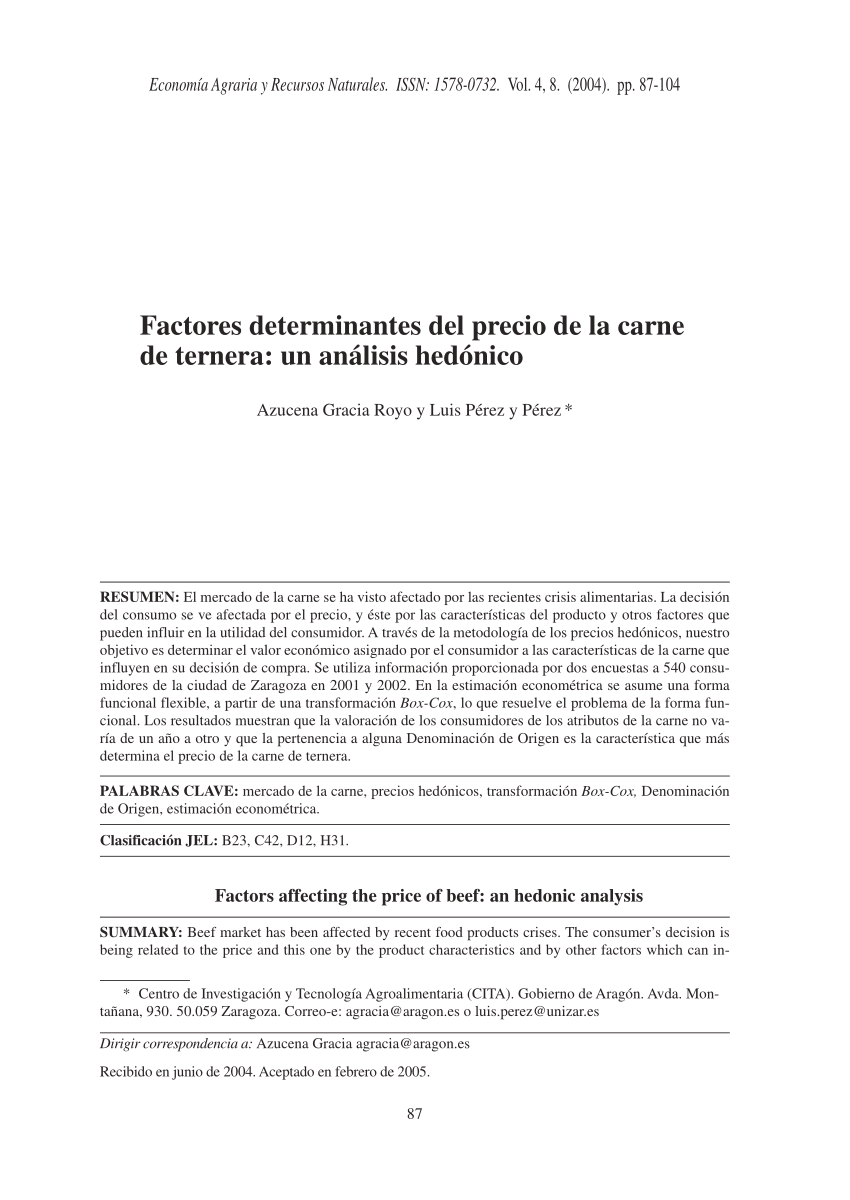 PDF) Factores determinantes del precio de la carne de ternera: Un análisis  hedónico