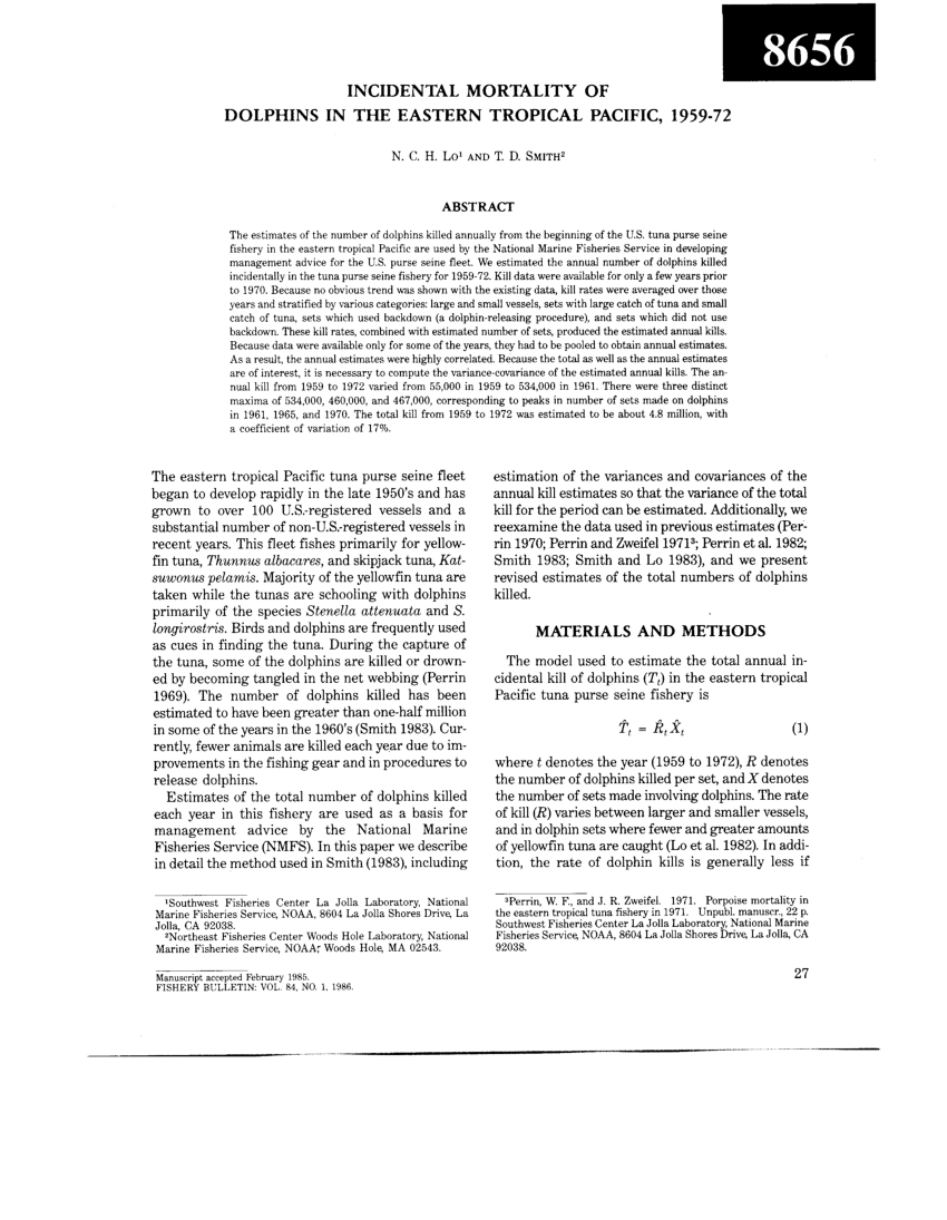Pdf Incidental Mortality Of Dolphins In The Eastern Tropical Pacific 1959 72
