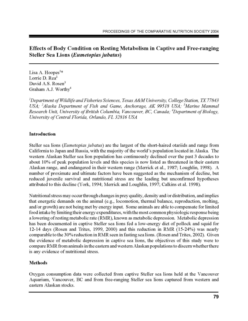 (PDF) Effects of body condition on resting metabolism in captive and