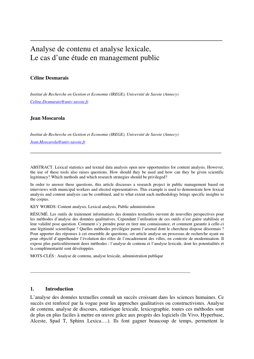 Pdf Analyse De Contenu Et Analyse Lexicale Le Cas D Une Etude En Management Public