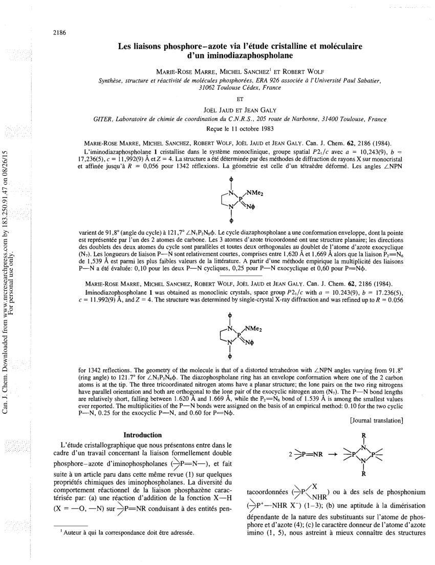 Pdf Les Liaisons Phosphore Azote Via L Etude Cristalline Et Moleculaire D Un Iminodiazaphospholane