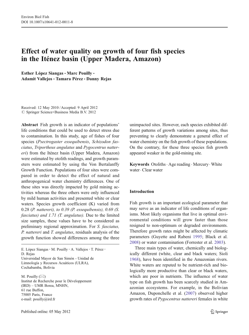 PDF) Effect of water quality on growth of four fish species in the