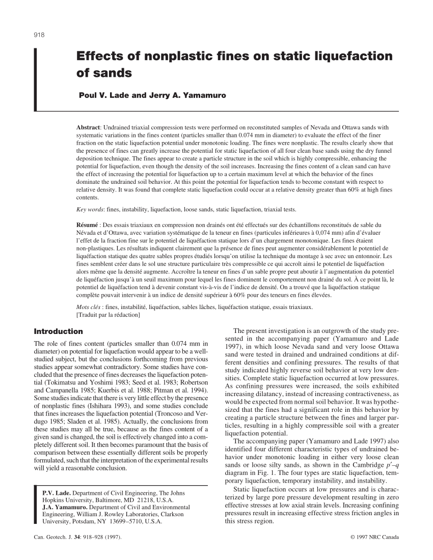 Pdf Effects Of Nonplastic Fines On Static Liquefaction Of Sands