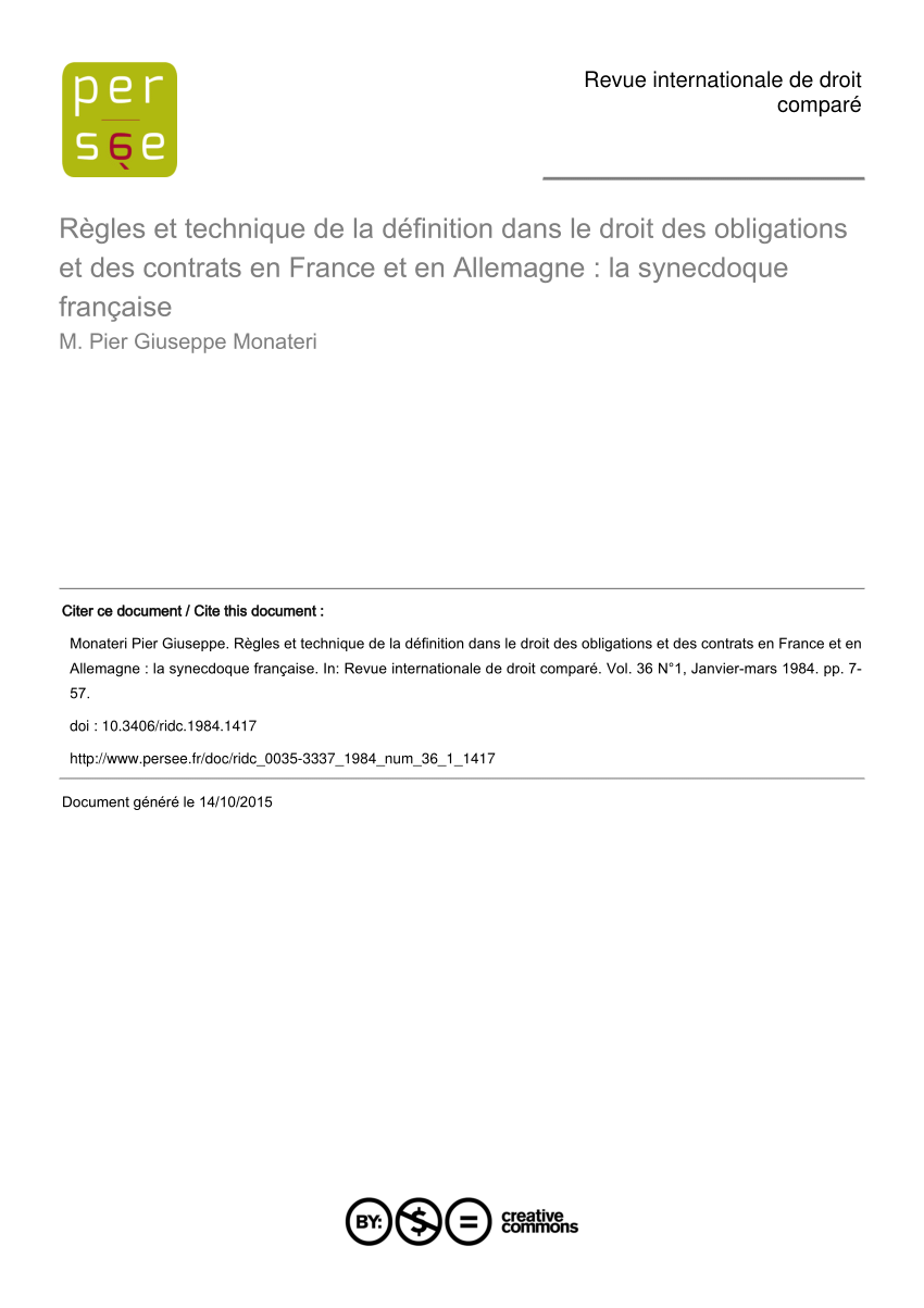 Pdf Regles Et Technique De La Definition Dans Le Droit Des Obligations Et Des Contrats En France Et En Allemagne La Synecdoque Francaise