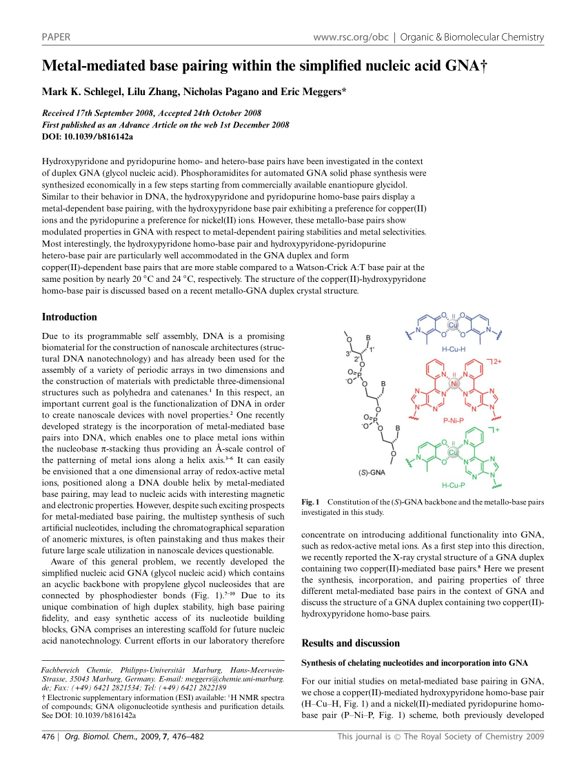 Pdf Metal Mediated Base Pairing Within The Simplified Nucleic Acid Gna