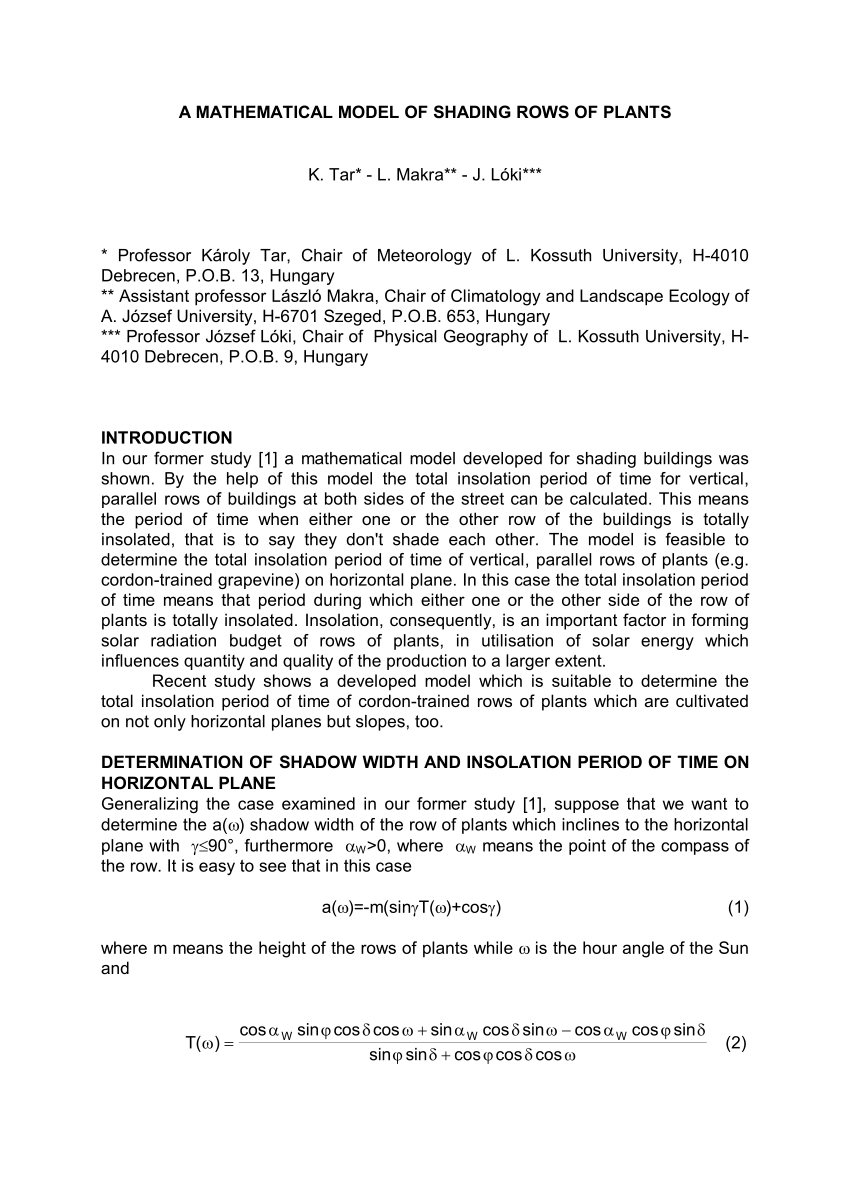 Pdf A Mathematical Model Of Shading Rows Of Plants