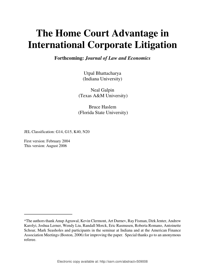 (PDF) The Home Court Advantage in International Corporate Litigation
