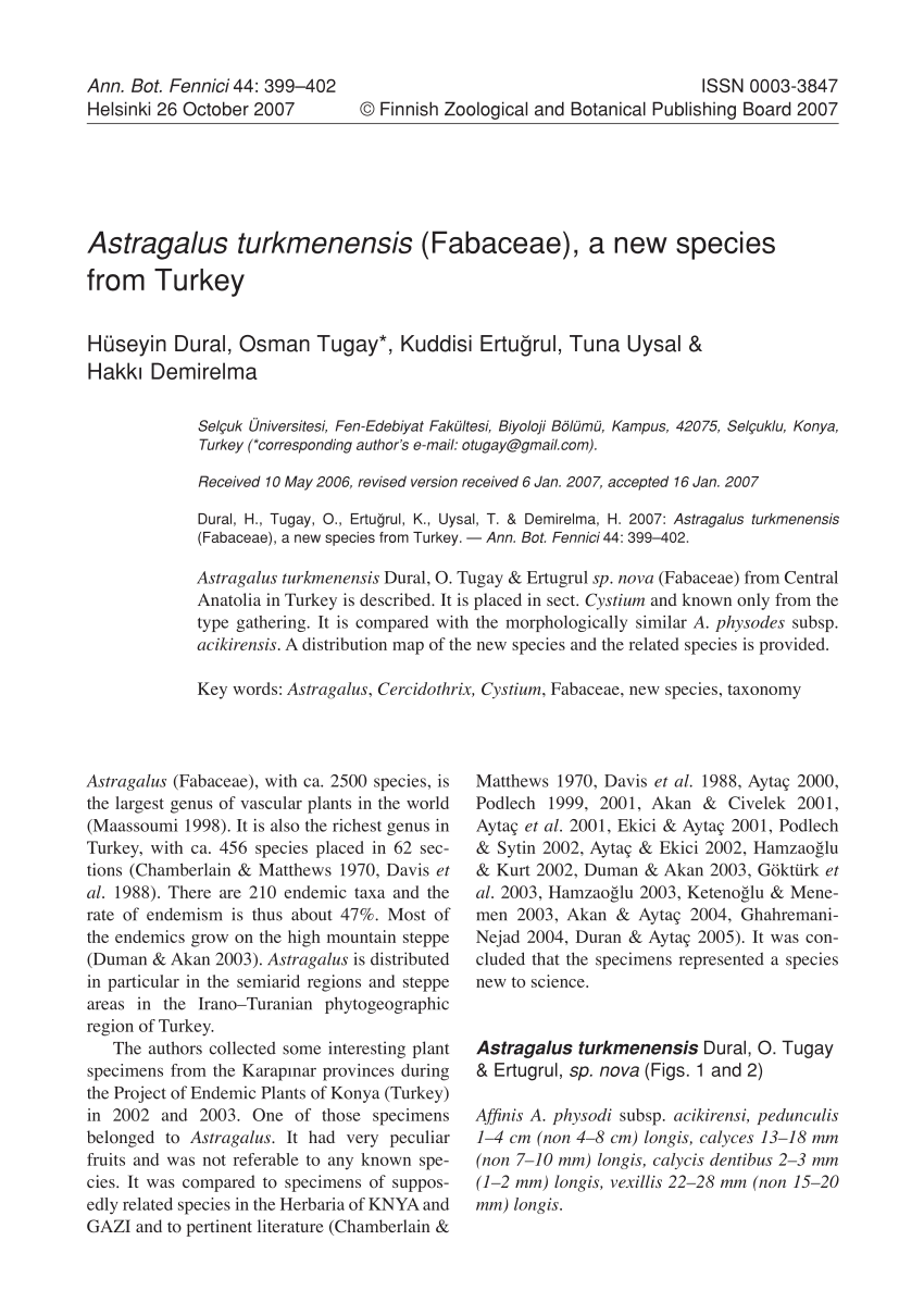 Pdf Astragalus Turkmenensis Fabaceae A New Species From Turkey