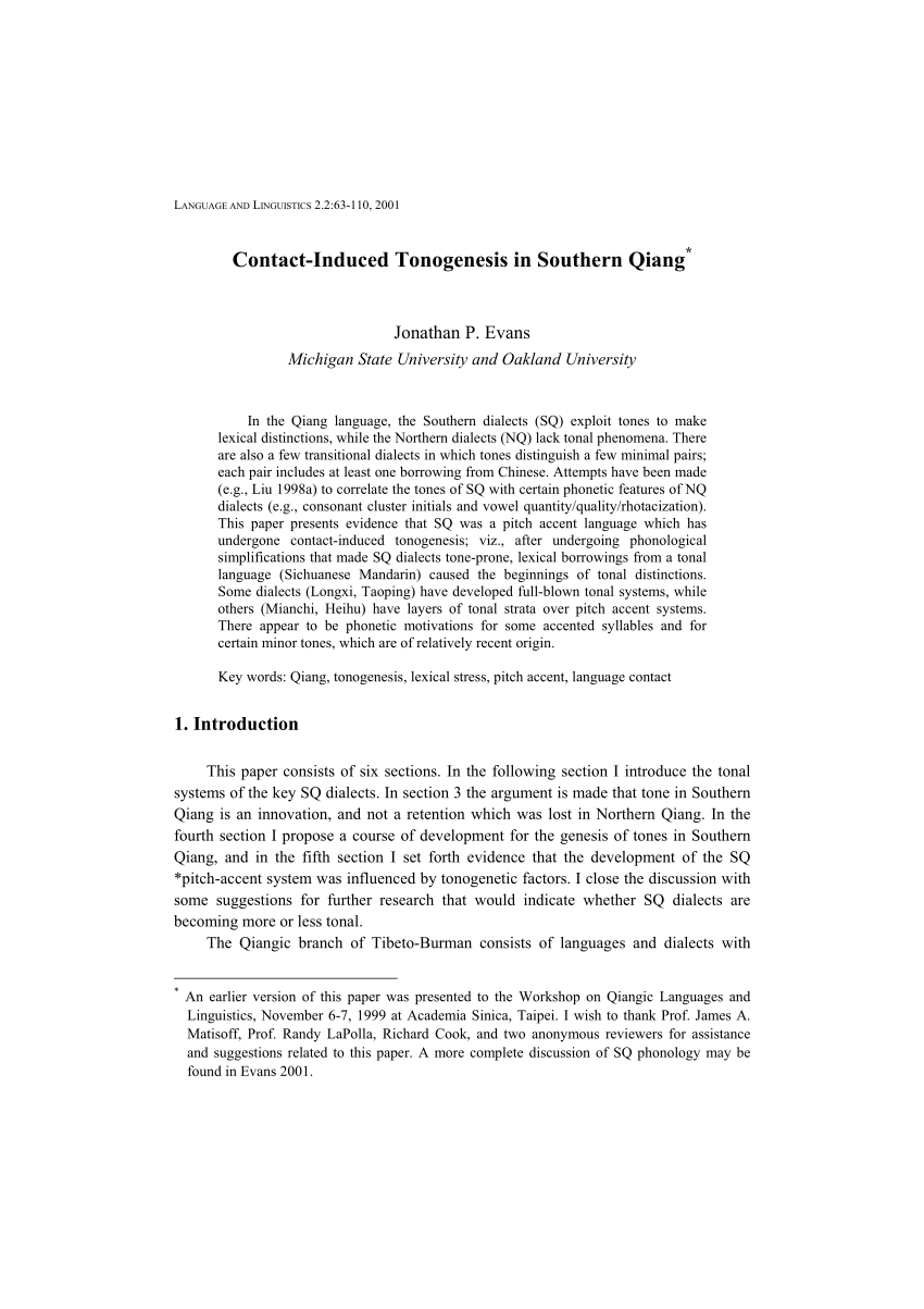 Pdf Contact Induced Tonogenesis In Southern Qiang