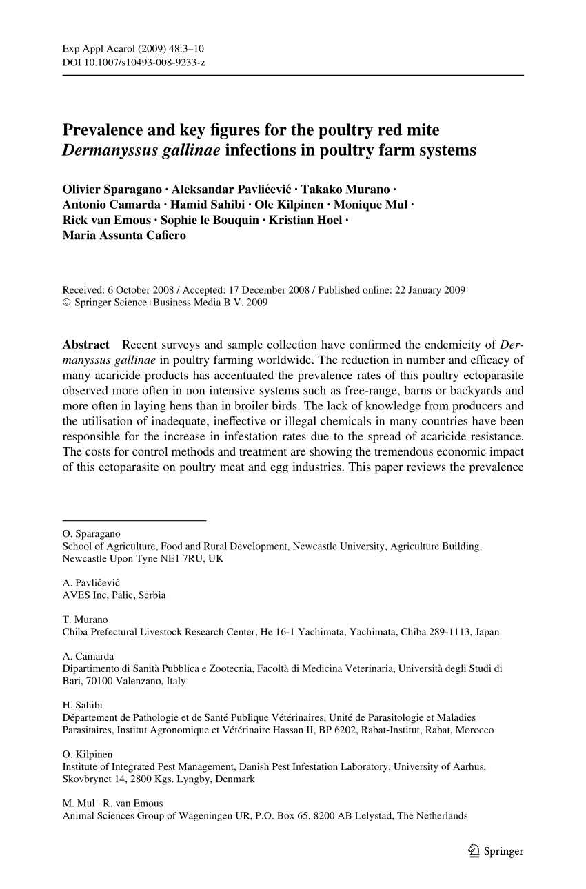 Pdf Prevalence And Key Figures For The Poultry Red Mite Dermanyssus Gallinae Infections In Poultry Farm Systems