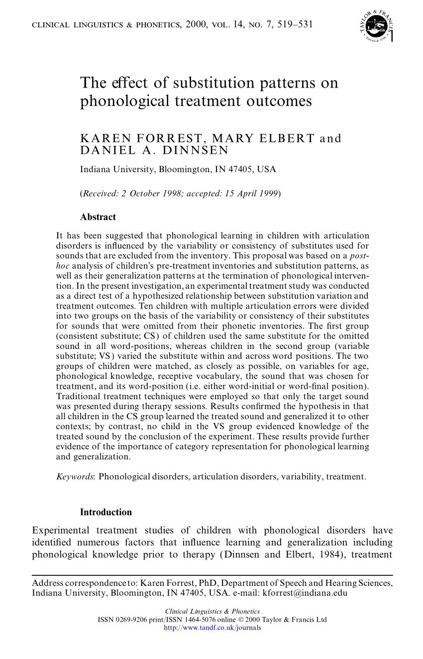 Pdf The Eœect Of Substitution Patterns On Phonological Treatment Outcomes