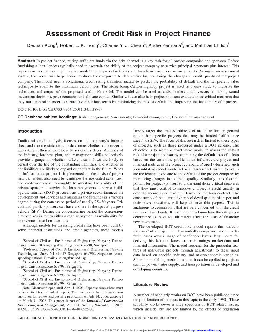 Pdf Assessment Of Credit Risk In Project Finance