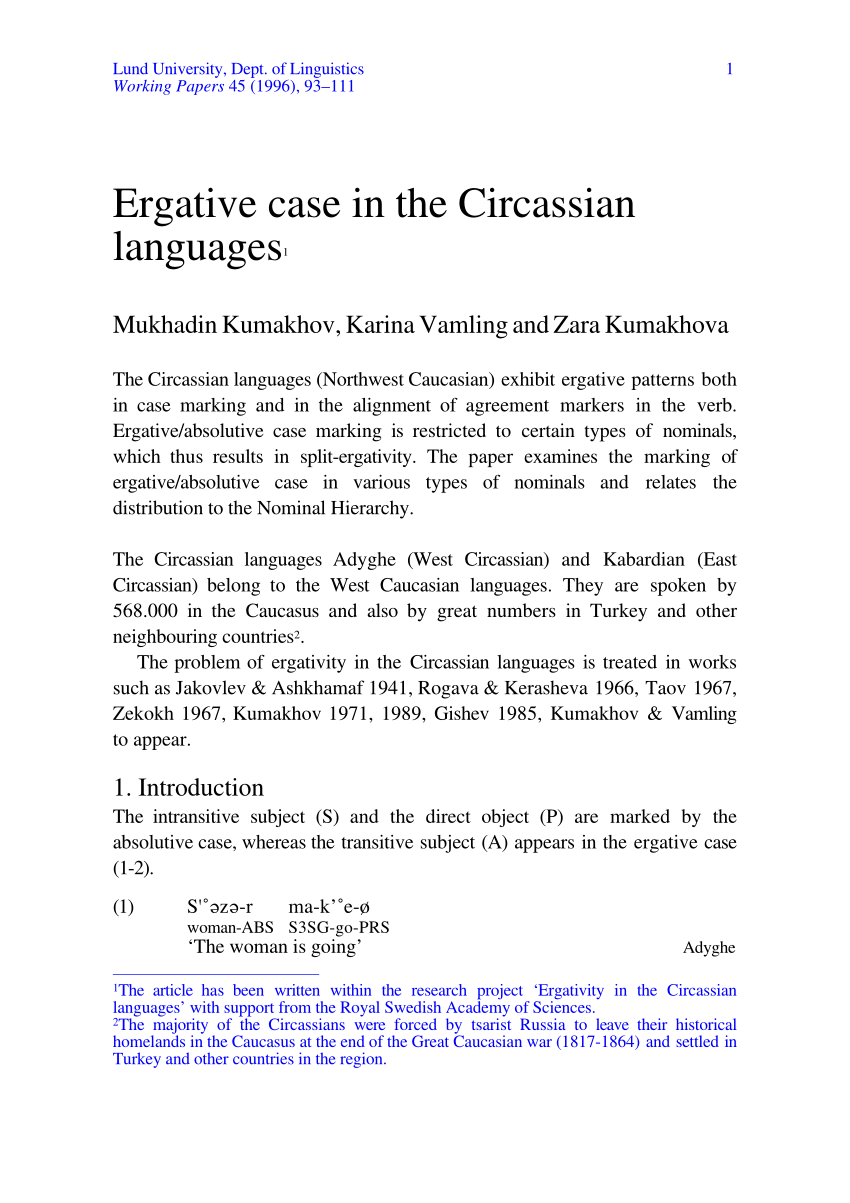 Pdf Ergative Case In The Circassian Languages