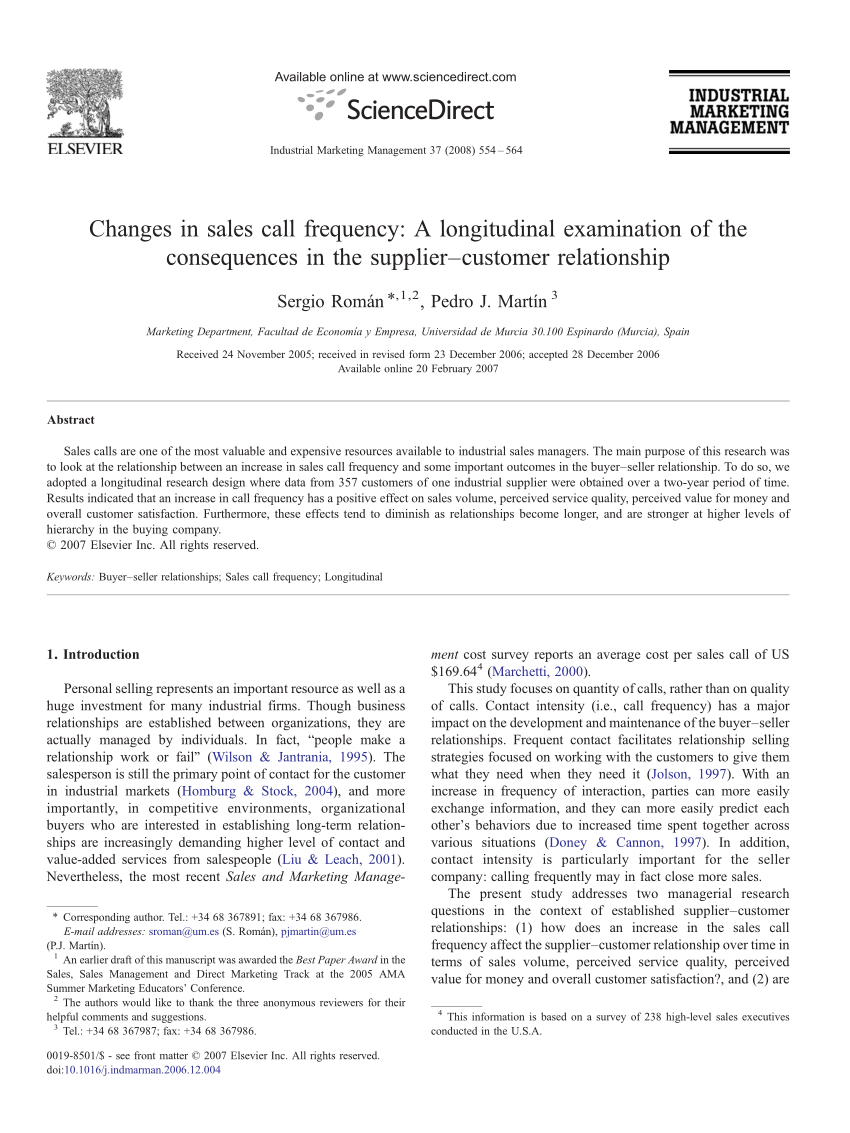 Pdf Changes In Sales Call Frequency A Longitudinal Examination Of The Consequences In The Supplier Customer Relationship