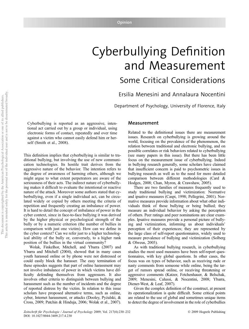 Pdf Cyberbullying Definition And Measurement Some Critical Considerations