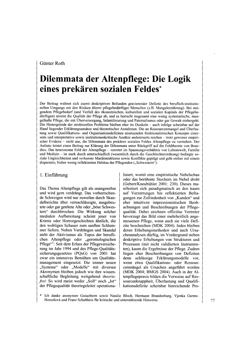 Pdf Dilemmata Der Altenpflege Die Logik Eines Prekaren Sozialen Feldes