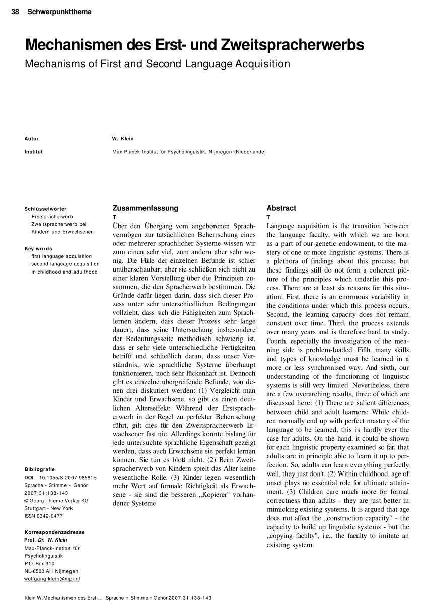 Pdf Mechanismen Des Erst Und Zweitspracherwerbs