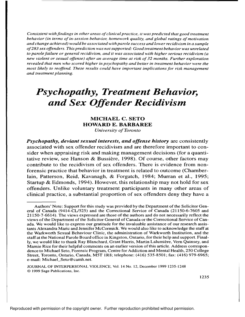 Pdf Psychopathy Treatment Behavior And Sex Offender Recidivism 7330
