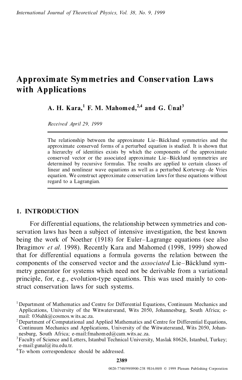 Pdf Approximate Symmetries And Conservation Laws With Applications