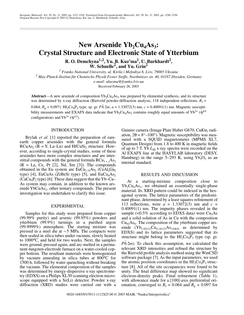 Pdf New Arsenide Yb 2 Cu 4 As 3 Crystal Structure And Electronic State Of Ytterbium