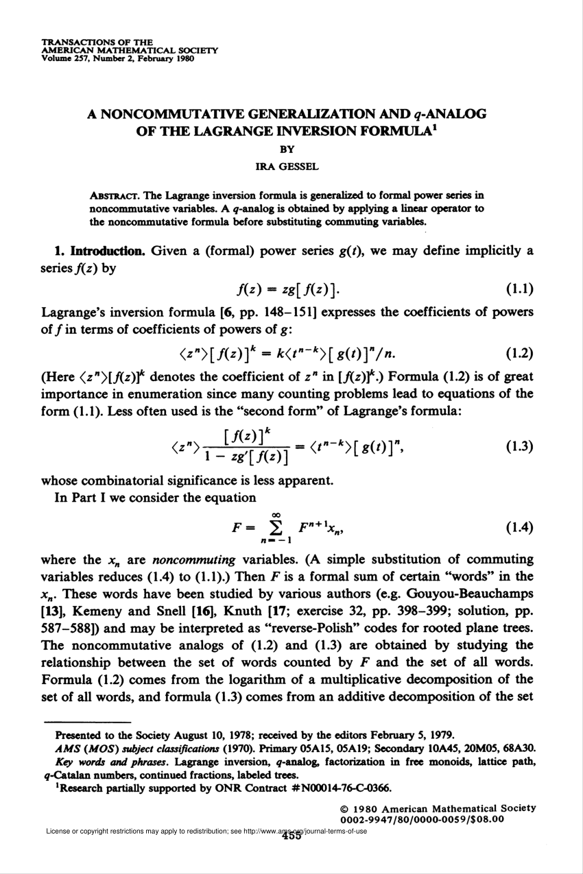 Pdf A Noncommutative Generalization And Q Analog Of The Lagrange Inversion Formula