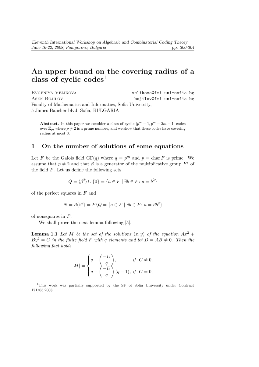 Pdf An Upper Bound On The Covering Radius Of A Class Of Cyclic Codes1