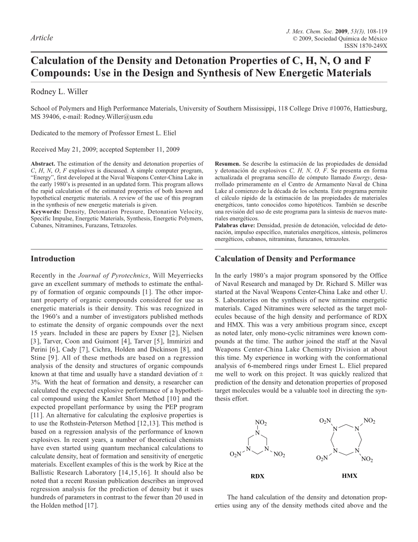 Pdf Calculation Of The Density And Detonation Properties Of C H N O And F Compounds Use In The Design And Synthesis Of New Energetic Materials